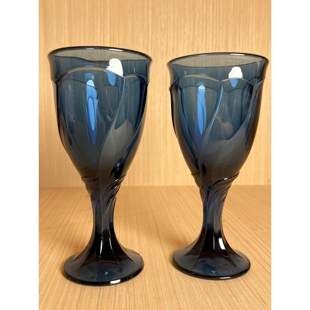 Vintage Cobalt Blue‎ Glass Water Goblets Tulip Swirl Wine Glasses Set of 2 MCM